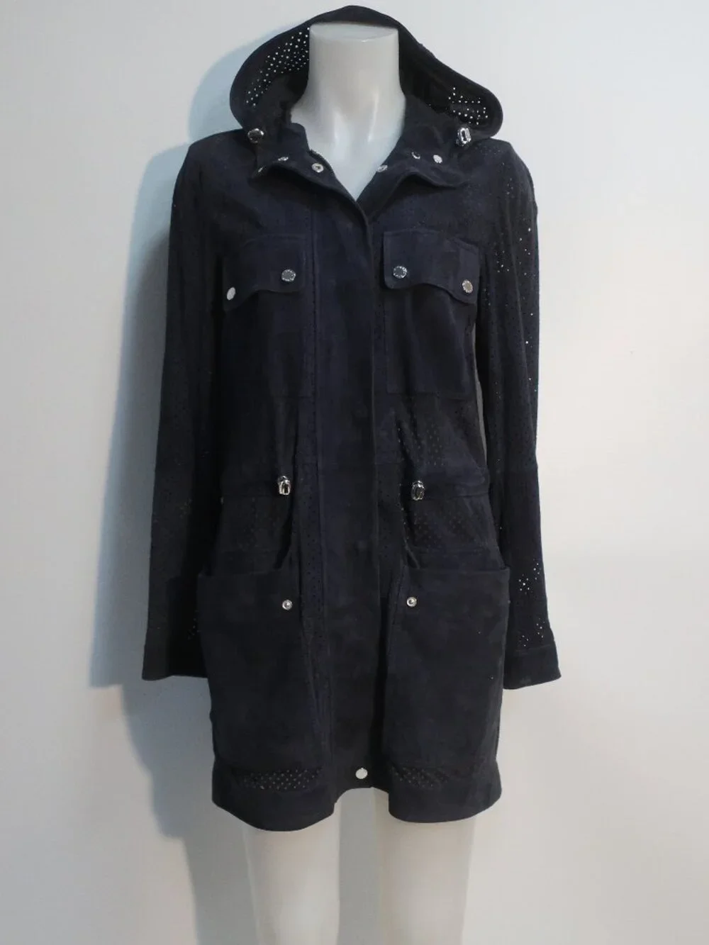 Womens Michael Kors Navy Blue (Item- 131) Perforated Suede Zip Hooded Jacket S